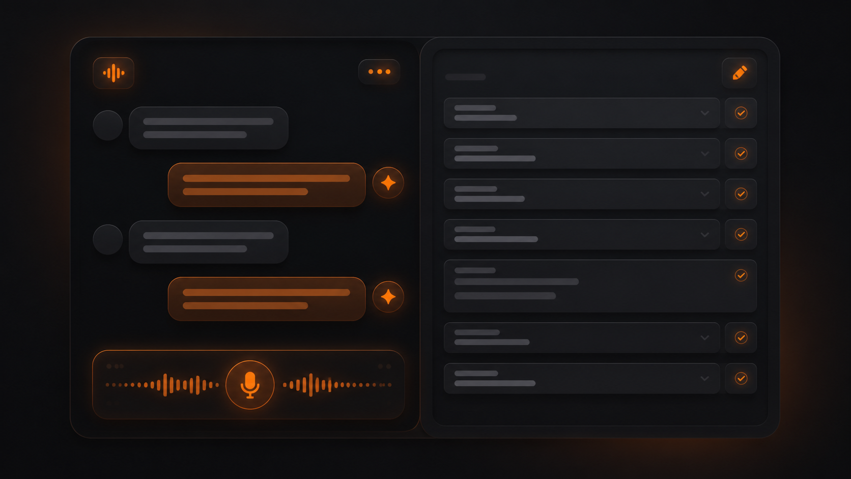 A dark AI voice conversation panel next to an editable form summary