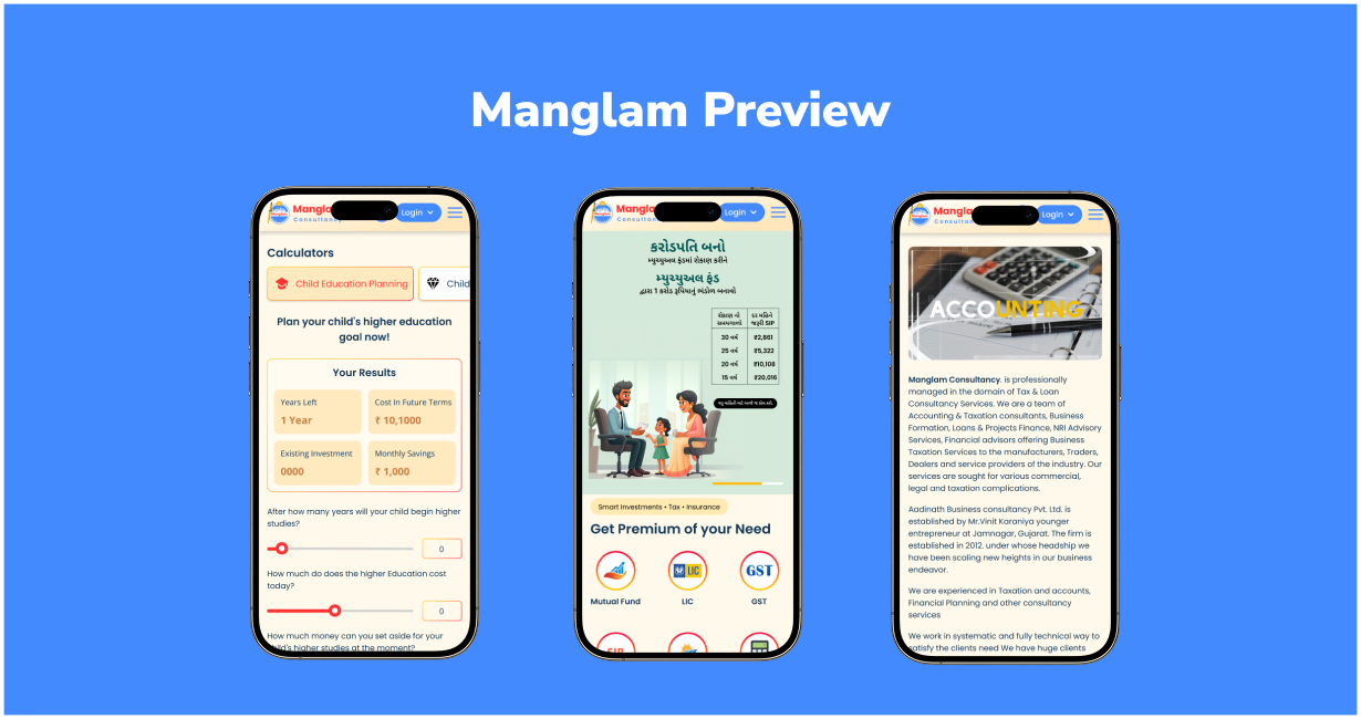 Manglam Consultancy mobile UI - homepage with tax and loan navigation