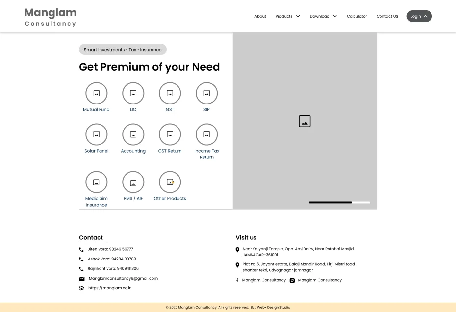 Manglam Consultancy UX wireframe - before redesign