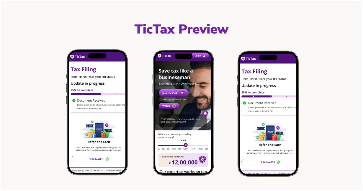 TicTax mobile UI - home and dashboard screen